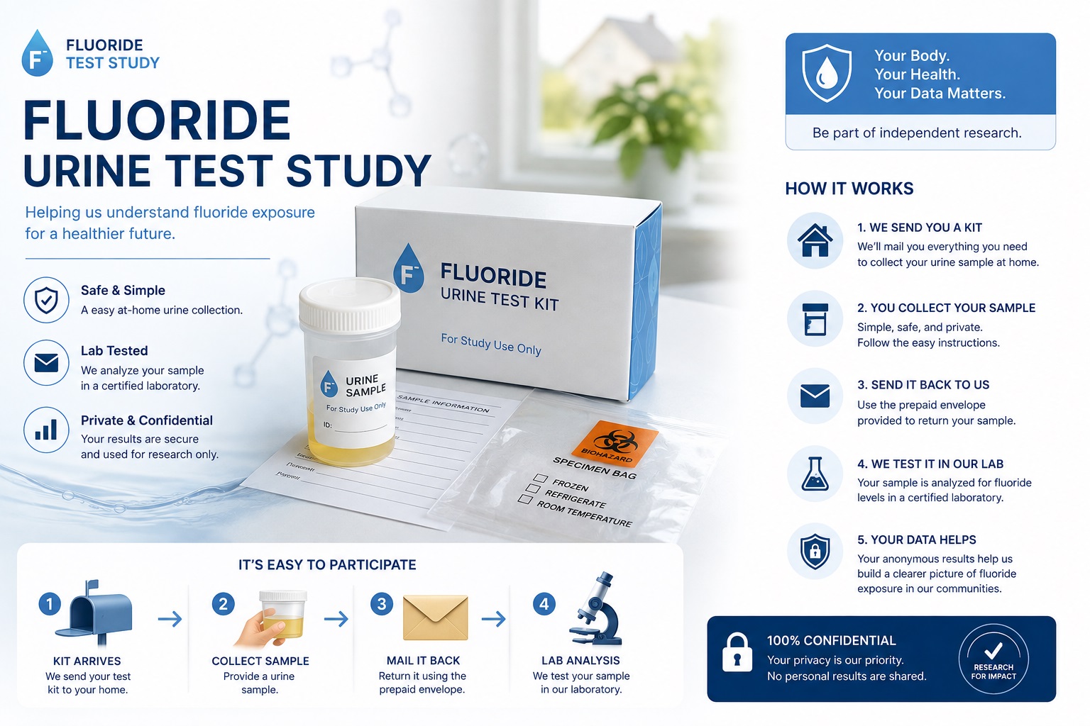 Fluoride urine test study kit and how it works: we send you a kit, you collect your sample, send it back to us, we test it in our lab, your data helps