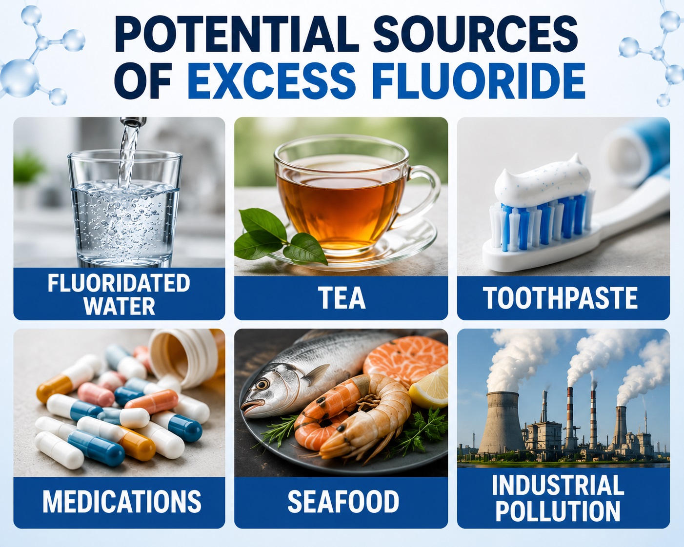 Potential sources of excess fluoride: water, tea, toothpaste, medications, seafood, industrial pollution, non-stick cookware, and fluoridated water