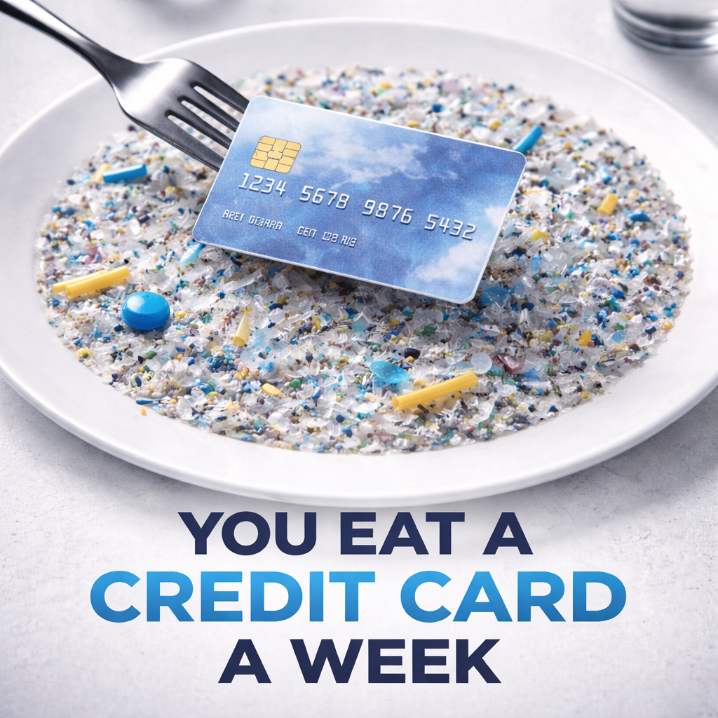 A dinner plate filled with microplastics with a credit card on top, visually representing that we may ingest the equivalent of a credit card of plastic every week